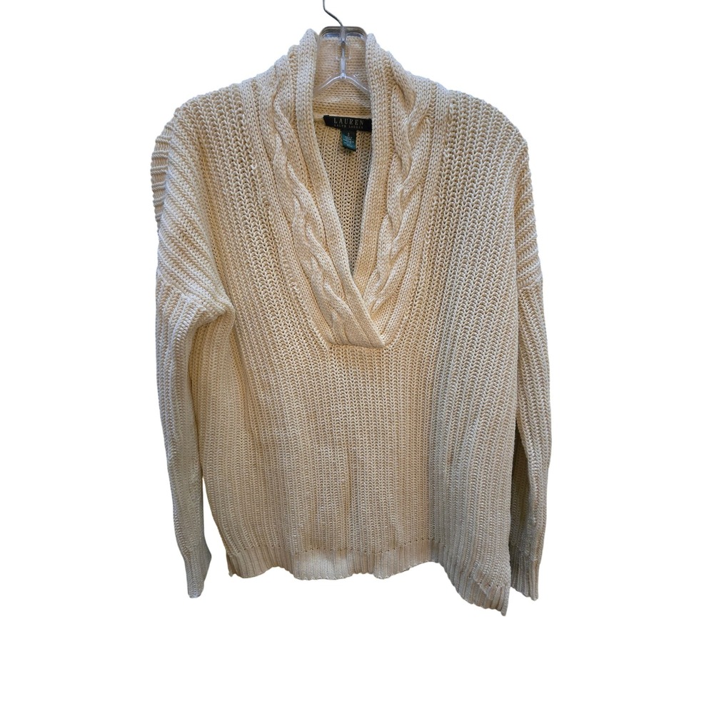 Lauren Ralph Lauren Cream Cable Knit Shawl Collar V Neck‎ Sweater Size S